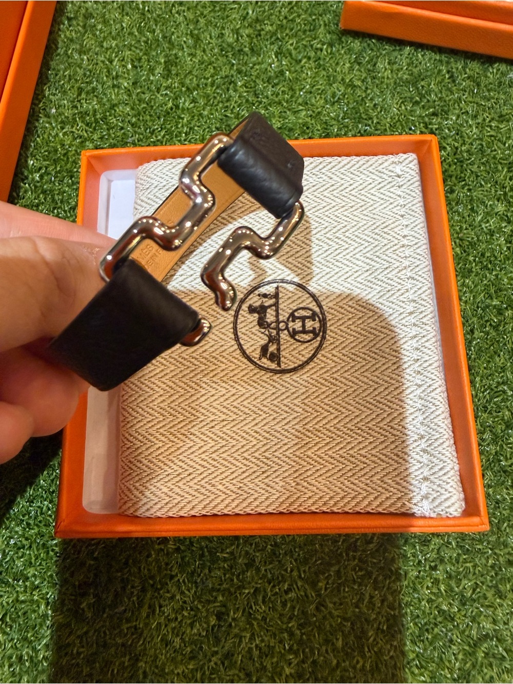 Hermes Black Leather Bracelet with Silver Chain Motif